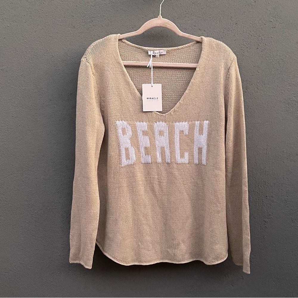 Monrow Tan Knit Sweater with White 'BEACH' Text